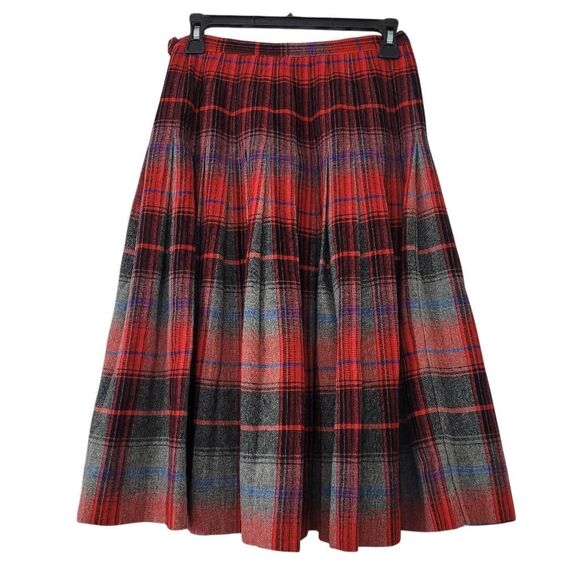 Vintage Wool Plaid Pleated Skirt Sz Small Red Gray Reversible‎ Schoolgirl Preppy - Picture 1 of 6